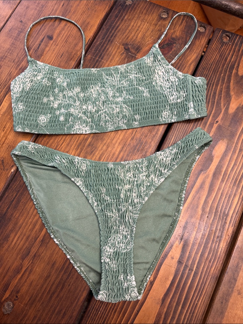 Triangl Smocked Green Floral Bikini Set. Like new. Top XL/Bottom L